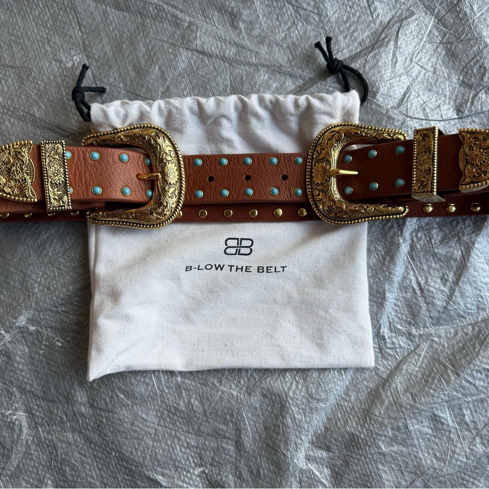 B-Low the Belt Western Tan and Turquoise Studded Belt with Gold Buckles